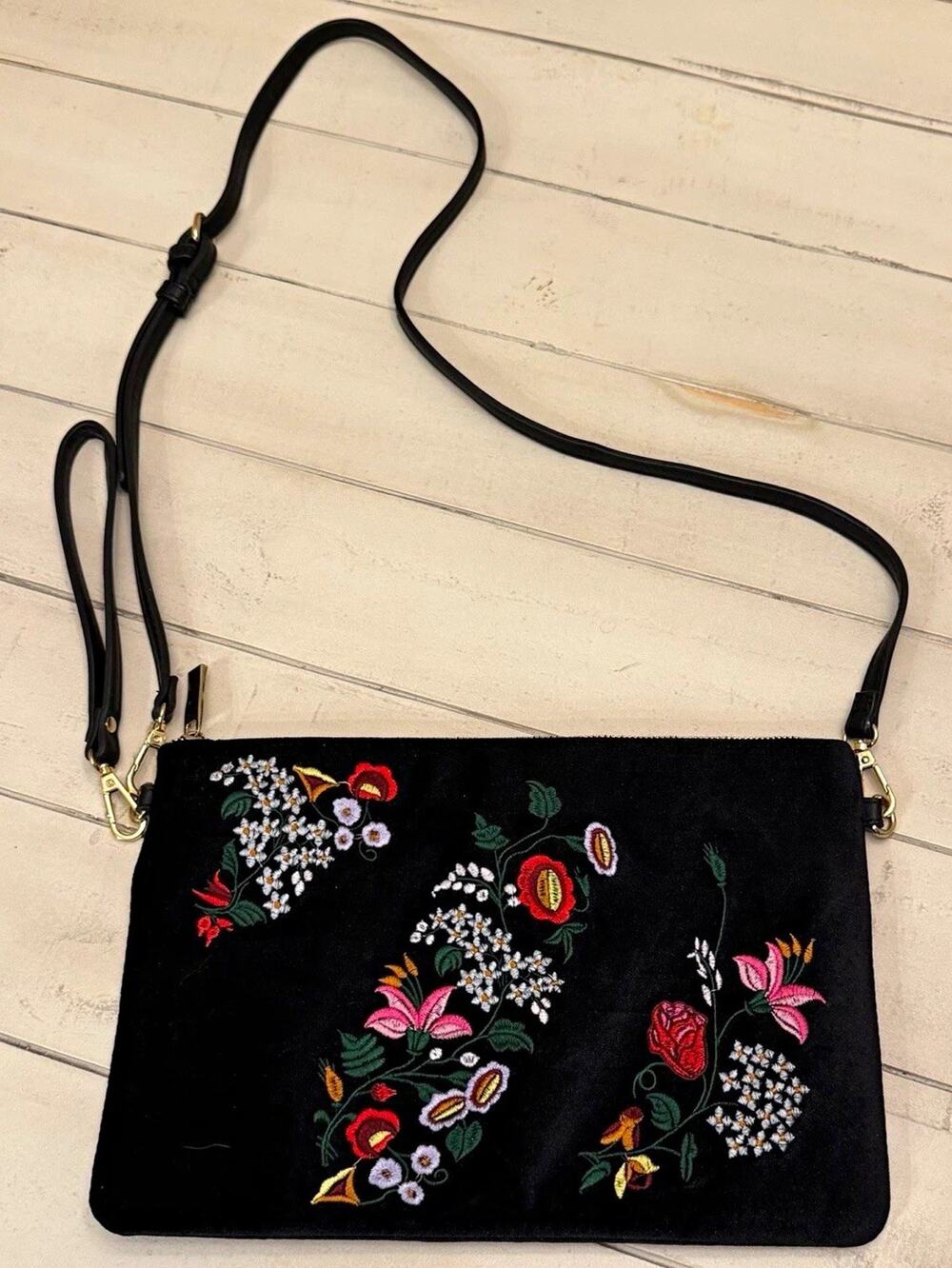 Black Floral Embroidered Crossbody Bag Zip Closure Detachable Adjustable Strap
